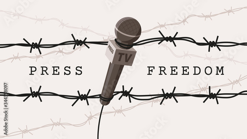 Detailed flat vector illustration of a microphone tangled in barbed wires. World Press Freedom Day. White background. Feel free to use only parts of the illustration too.
