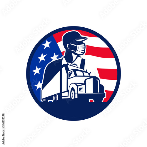 Mascot icon illustration of an American trucker or truck driver wearing surgical mask with semi-truck and USA stars and stars flag set inside circle on isolated background in retro style.
