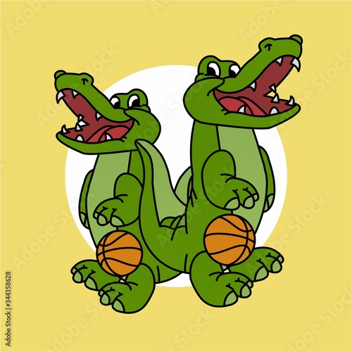 Illustration of Crocodile Playing Basketball While Smiling Cartoon, Cute Funny Character, Flat Design