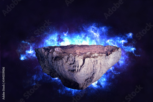 fantasy floating rocky island in nebula background  surreal float landscape with astronomy backdrop 3d illustration