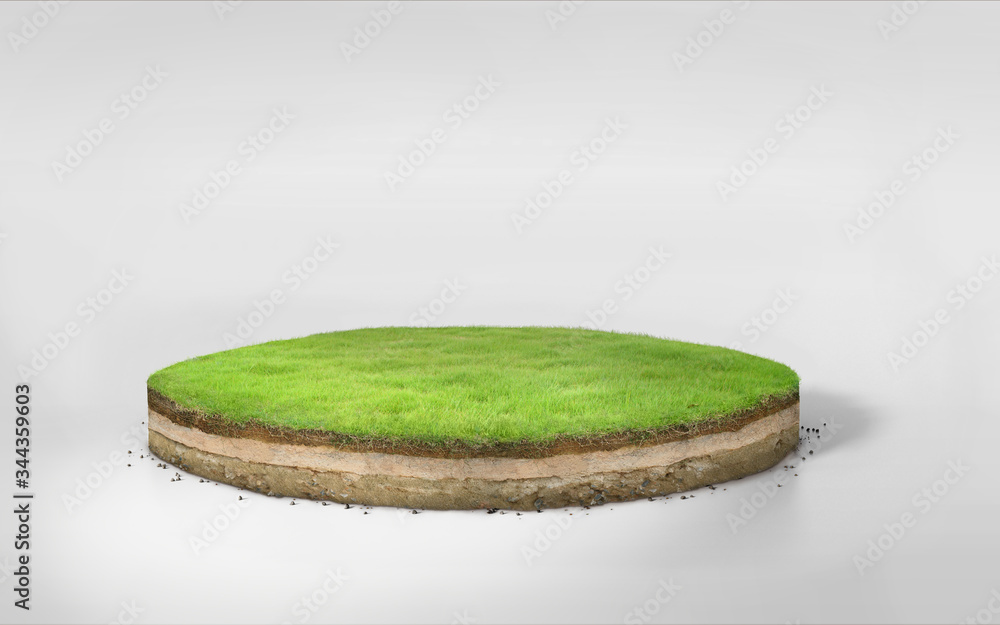 3D Illustration round soil ground cross section with earth land and green grass, realistic 3D
