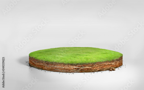 3D Illustration round soil ground cross section with earth land and green grass, realistic 3D rendering circle cutaway terrain floor with rock isolated on white