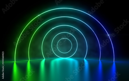 Fototapeta Naklejka Na Ścianę i Meble -  3d rendering of square portal glowing lines futuristic tunnel, neon lights virtual reality, vibrant pink green spectrum laser show