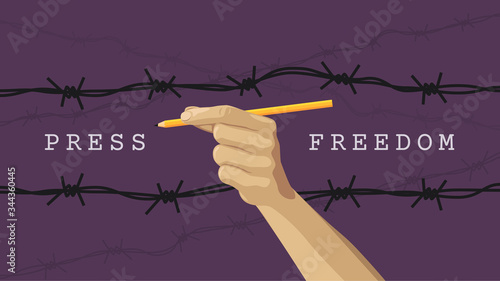 Detailed flat vector illustration of a hand holding a pen between layers of barbed wires. Purple background. World Press Freedom Day. Feel free to use only parts of the illustration too.