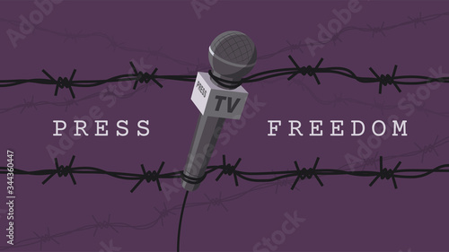 Detailed flat vector illustration of a microphone tangled in barbed wires. World Press Freedom Day. Purple background. Feel free to use only parts of the illustration too.