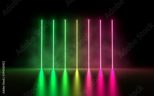3d rendering of square portal glowing lines futuristic tunnel, neon lights virtual reality, vibrant pink green spectrum laser show