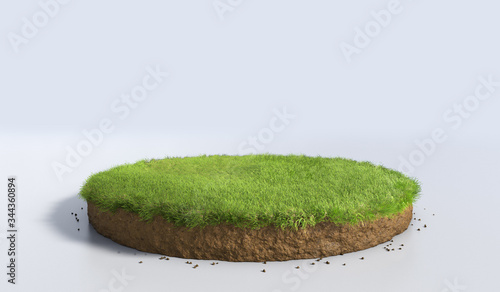3D Illustration round soil ground cross section with earth land and green grass, realistic 3D rendering circle cutaway terrain floor with rock isolated