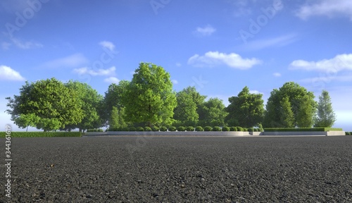 Empty asphalt street with comfortable garden with blue sky, nice street pedestrian with beautiful park