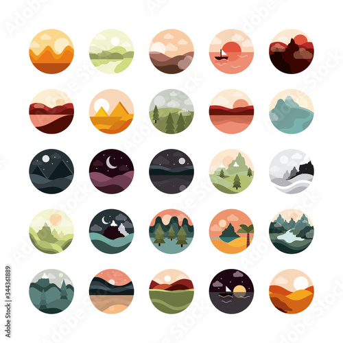 landscape nature mountains ocean and forest in circle icons set flat style icon