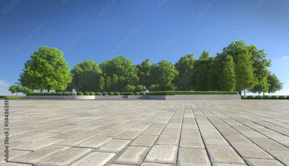 Empty concrete tiles with comfortable garden with blue sky, nice street pedestrian with beautiful park Empty concrete tiles with comfortable garden with blue sky, nice street pedestrian with beautiful park
