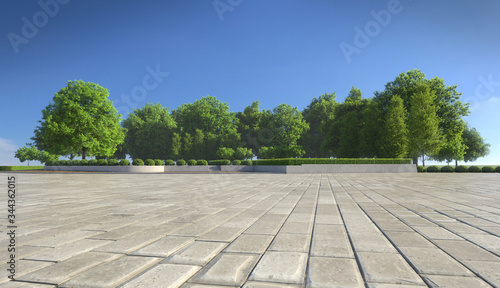 Empty concrete tiles with comfortable garden with blue sky, nice street pedestrian with beautiful park