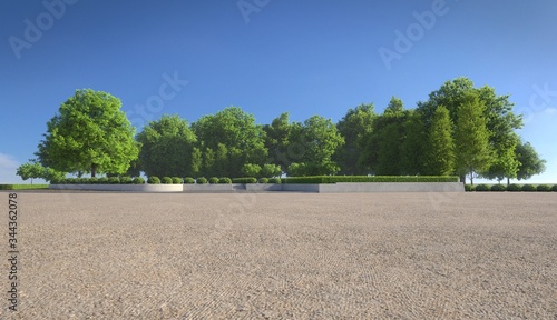 Empty concrete sand floor with comfortable garden with blue sky, nice street pedestrian with beautiful park
