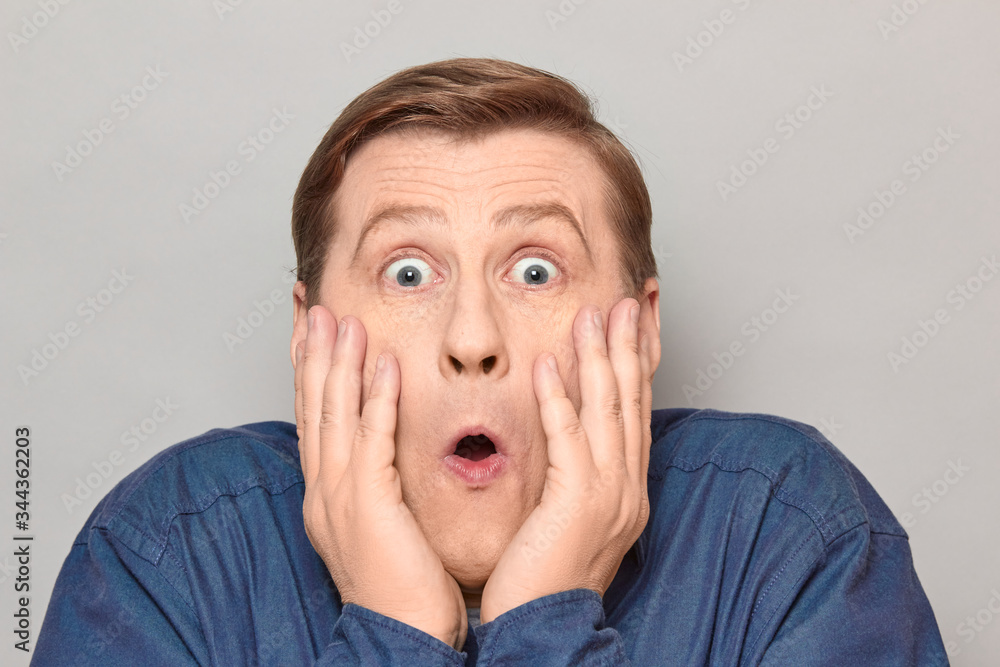 Portrait of shocked mature man with widened eyes and open mouth Portrait of shocked mature man with widened eyes and open mouth