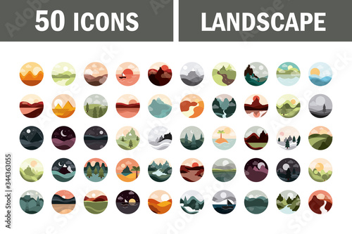 landscape nature mountains ocean and forest in circle icons set flat style icon