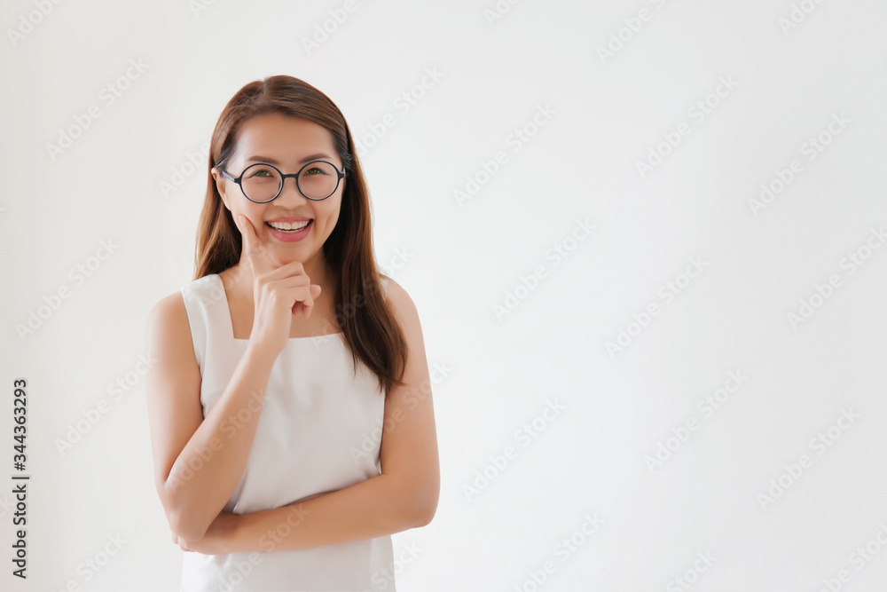 casual Asian lady with smiling face, happy Japanese female finger point for healthy living casual Asian lady with smiling face, happy Japanese female finger point for healthy living