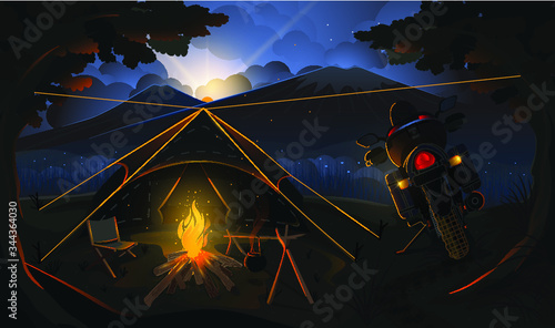 
Camping on the mountain at night. The view of the clear sky stretches nature.