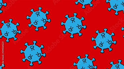 Endless seamless pattern of blue dangerous infectious deadly respiratory coronaviruses pandemic epidemic, Covid-19 microbe viruses causing pneumonia on a red background