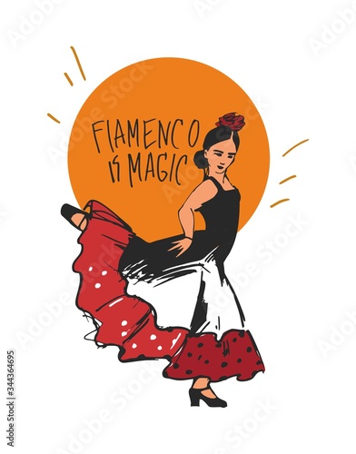 a flamenco dancer in a dance pose in a dress with a frill in peas and a rose in her hair against the yellow circle of the sun with the inscription flamenco is magic. Vector illustration