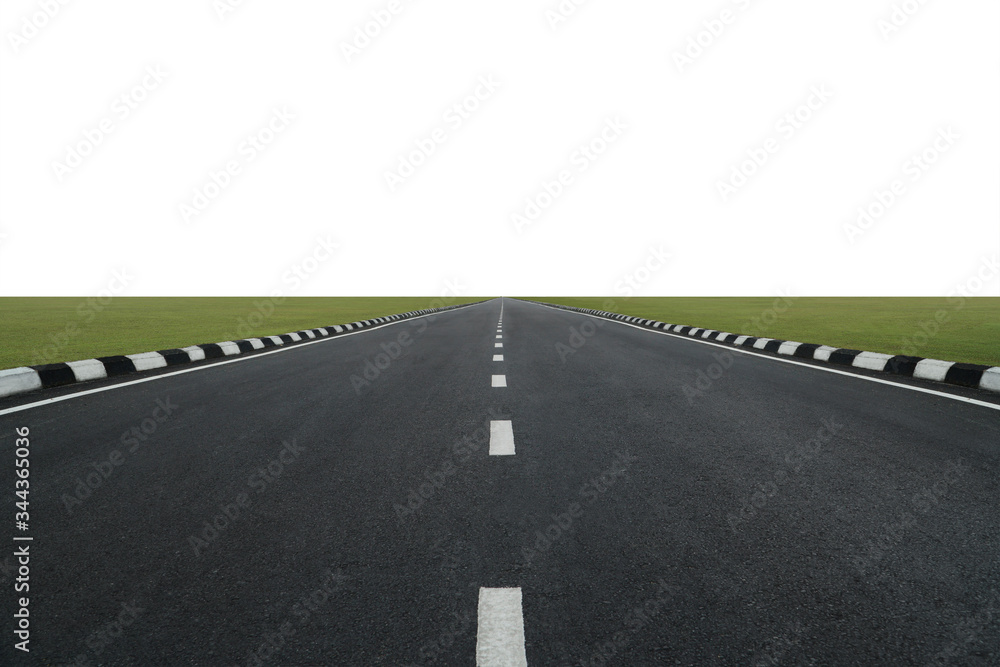 empty asphalt road with isolated on white background, speeding highway roadside with green grass field empty asphalt road with isolated on white background, speeding highway roadside with green grass field