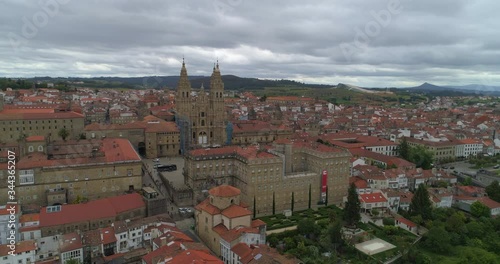 Aerial shot of the town and a Cathedral located in the middle of Santiago de Compostela, Spain