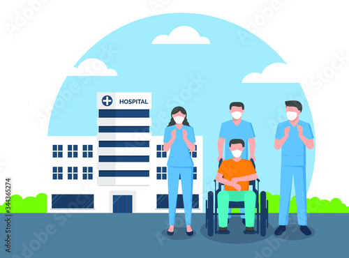 Medical staff team standing applaud
hands congratulation with patient back to strong, Flat design