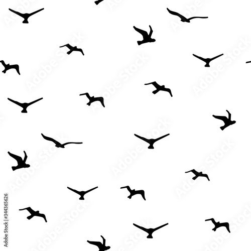 Seamless pattern with hand-drawn birds. Sky clouds background