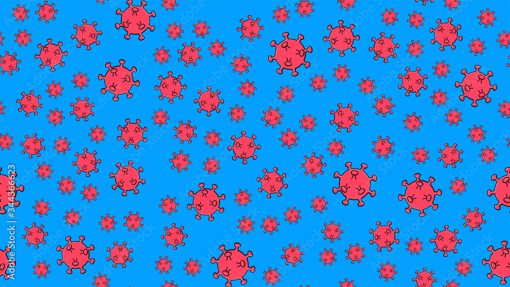 Endless seamless pattern of red dangerous infectious deadly respiratory coronaviruses pandemic epidemic, Covid-19 microbe viruses causing pneumonia on a blue background