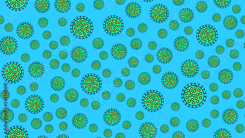 Endless seamless pattern of green dangerous infectious deadly respiratory coronaviruses pandemic epidemic, Covid-19 microbe viruses causing pneumonia on a blue background