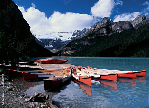 Lake Louise Canoes under blue sky in Banff National Park