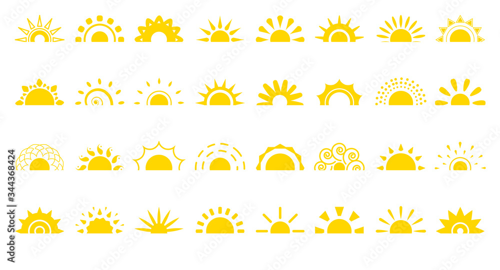 Set of sun flat cartoon icon. Simple decorative elements for logotype  sunrise, sunset. Graphic symbol different shapes, half sun with rays for  design app weather. Isolated on white vector illustration Stock Vector |