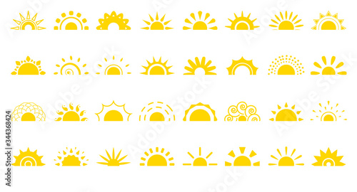 Set of sun flat cartoon icon. Simple decorative elements for logotype sunrise, sunset. Graphic symbol different shapes, half sun with rays for design app weather. Isolated on white vector illustration