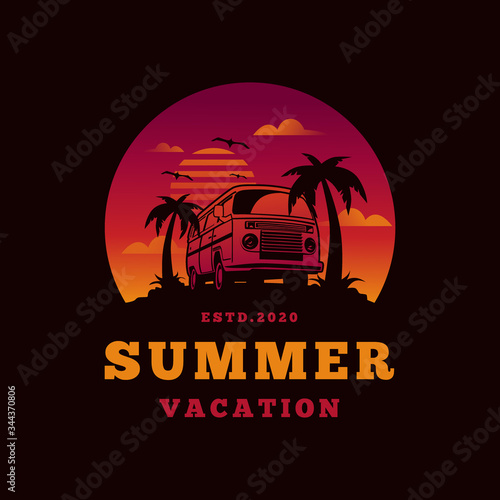 Orange bus, van. Poster palm trees. Retro illustration of modern design. Graphics for design clothes, t-shirt, print product, apparel. Vector illustration.