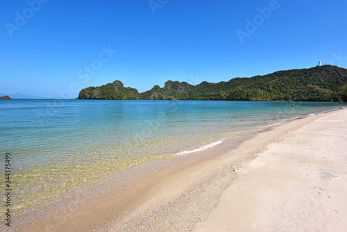 Tanjung rhu beach, Langkawi island Malaysia. Beautiful beach over the bkue sky background.