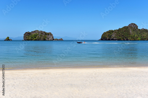 Tanjung rhu beach, Langkawi island Malaysia. Beautiful beach over the bkue sky background.