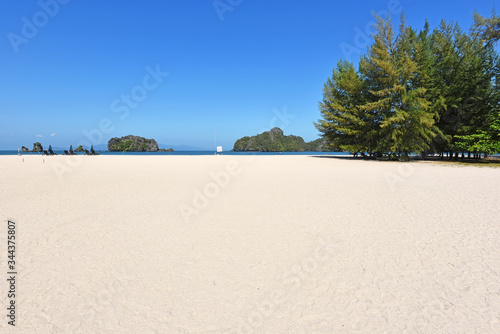 Tanjung rhu beach, Langkawi island Malaysia. Beautiful beach over the bkue sky background.
