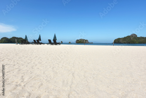 Tanjung rhu beach, Langkawi island Malaysia. Beautiful beach over the bkue sky background.