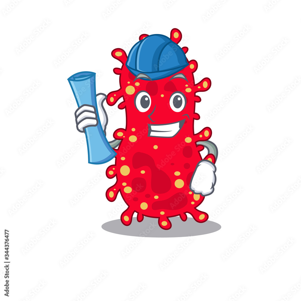 Cartoon character of moraxella brainy Architect with blue prints and blue helmet Cartoon character of moraxella brainy Architect with blue prints and blue helmet
