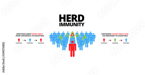 Group of people with Herd immunity text.Concept of herd immunity or a group of people who are infected with the infected person as a virus spread in society.Vector illustration.Flat style infographic.
