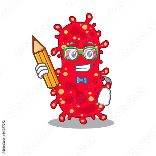 A brainy student moraxella cartoon character with pencil and glasses