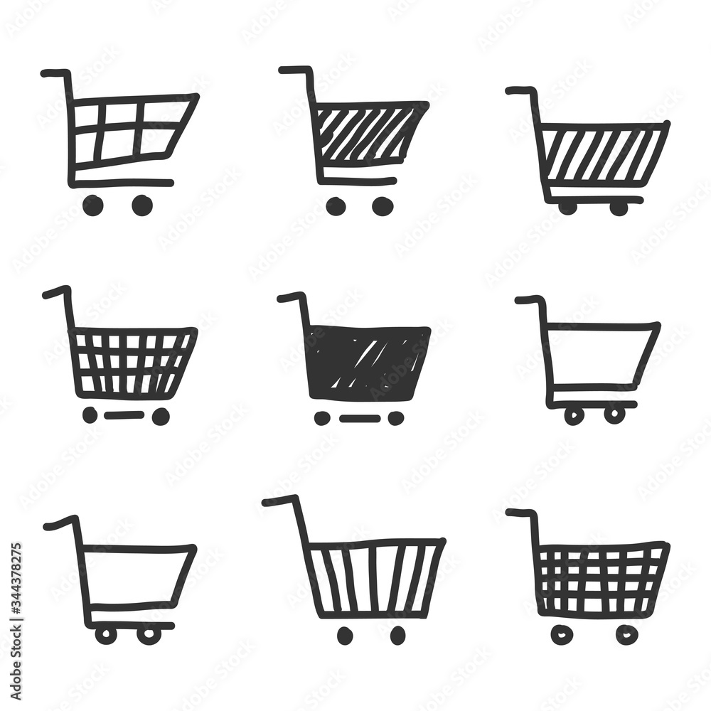 Set of black cart icons , Symbols of shopping. Design element on white background. Hand drawn style. Vector illustration.