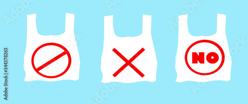 Pollution problem concept. Say no to plastic bags, bring your own textile bag. Cartoon styled images with signage calling for stop using disposable polythene package. Vector illustration.VERY SIMPLE