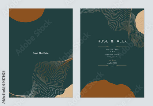 Minimalist wedding invitation card template design, abstract line art ink dra...