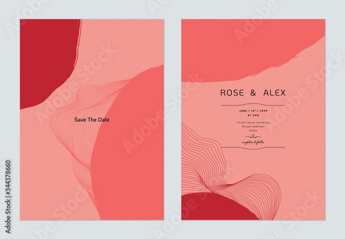 Minimalist wedding invitation card template design, abstract line art ink dra...