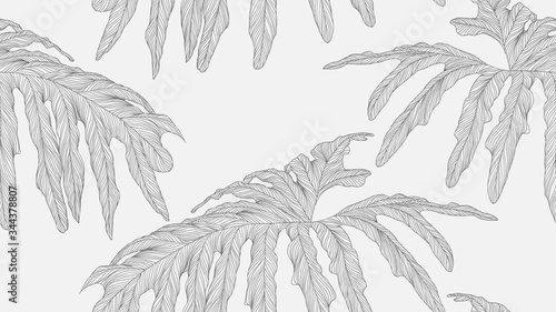 Foliage seamless pattern, Philodendron bipinnatifidum leaves line art ink dra...