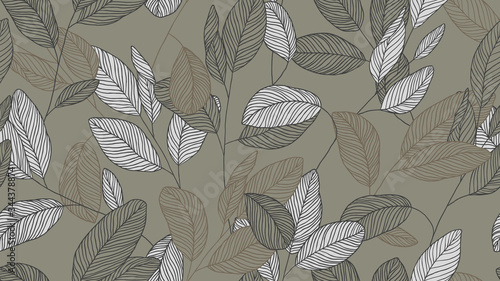 Foliage seamless pattern, eucalyptus leaves line art ink drawing in brown and grey tones