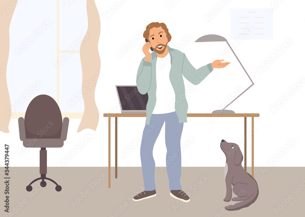 Fototapeta premium Man hipster speaks by phone, stays, distant, remote works at home. Freelancer, businessman negotiates, stands near dog at office room. Quarantine, isolation, lockdown vector flat cartoon illustration.