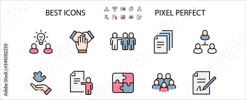 Team Work Filled Outline Icons. Colorful Linear Set Vector Line Icon. Cooperation, Collaboration, Team Meeting and more. 64x64 Pixel Perfect. Editable Stroke
