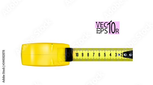 Top view Realistic Tape measure isolated on white background. Photo-realistic roulette, construction tool for length measuring. Design case in yellow version. Vector illustration.