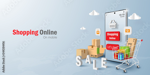 Digital marketing concept Online Shopping on mobile application, Banner background with copy space