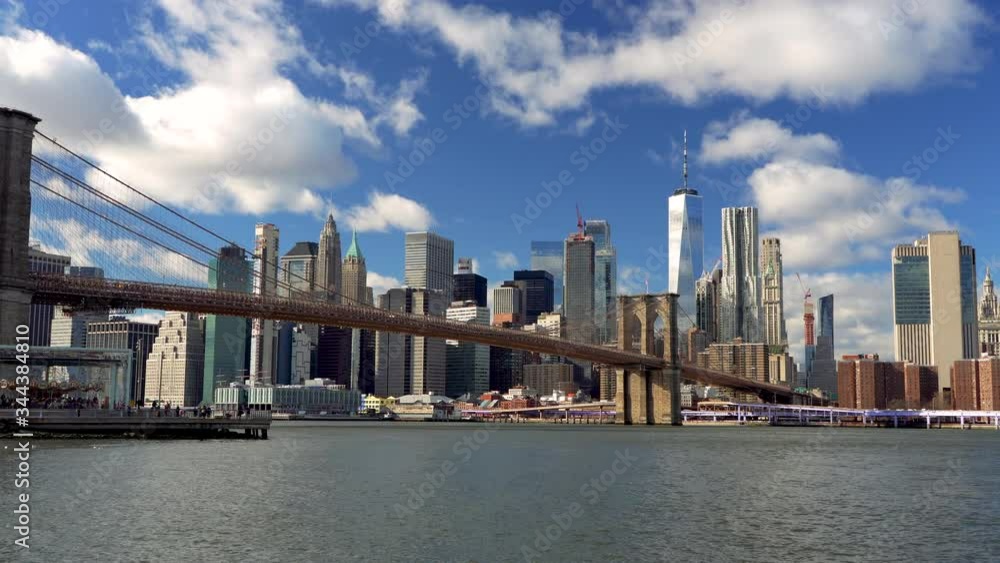 Panoramic view of Brooklyn bridge and Manhattan at sunny day, New York City. Panoramic view of Brooklyn bridge and Manhattan at sunny day, New York City.